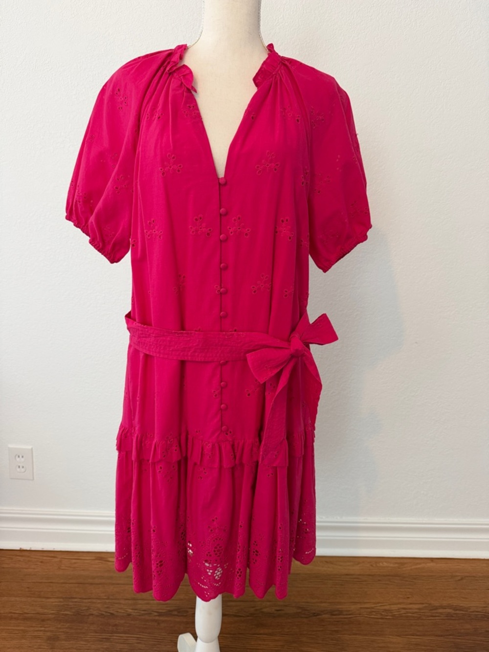 Women's Fuchsia Eyelet Tie-Waist Dress